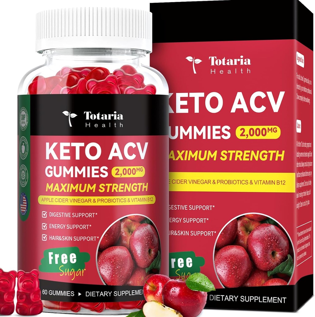 Totaria Keto ACV Gummies - 2000mg Apple Cider Vinegarmies Sugar-Free Support Stature Health עם Probiotics, B12, Keto תוספי עבור נשים וגברים, 60 Counts