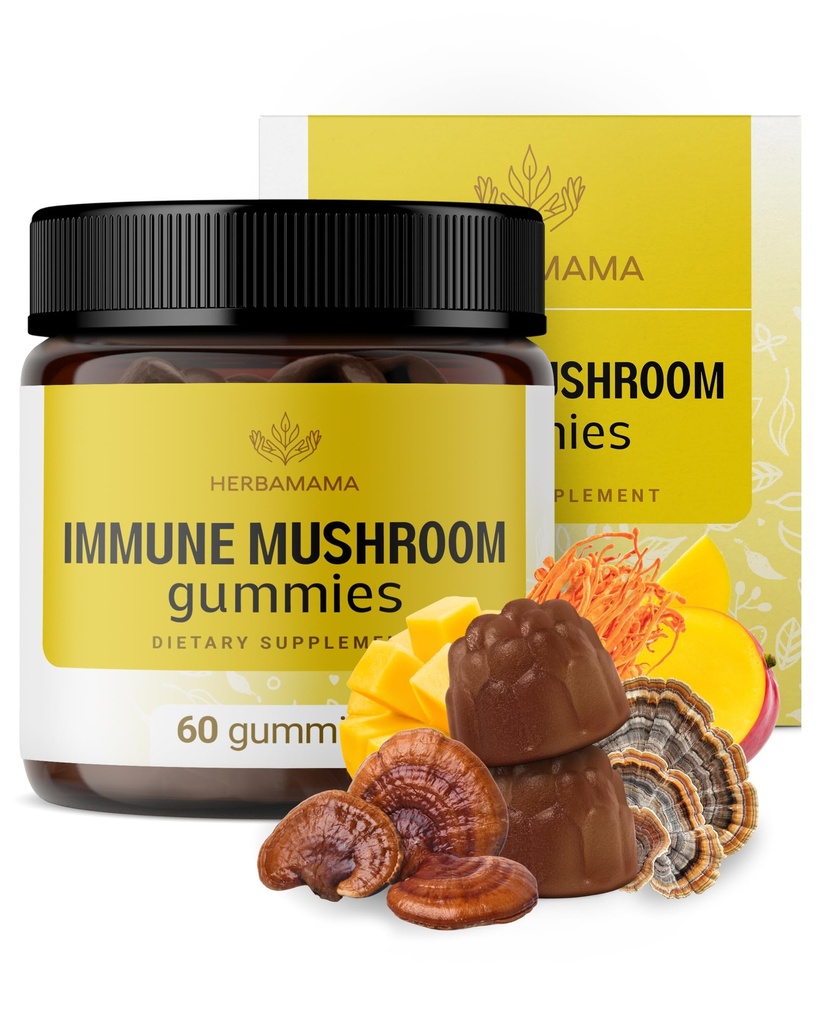 HERBAMAMA Immune Support Mushroom Gummies - Multi Mushroom Blend Complex for Antioxidant Support - Vegan, Non-GMO Immunity Supplement - 60 Pectin-Based Mango-Flavored Chews