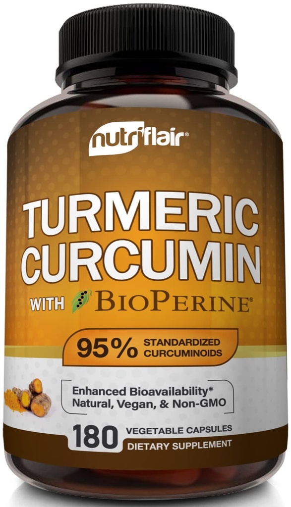 NutriFlair Turmeric Curcumin עם bioPerine - 1300 מ"ג, 180 קפסולות - 95% סטנדרטי קורטcuminoids תוספת תמצית עם Black Pepper עבור Absorption - 180 קפסולות