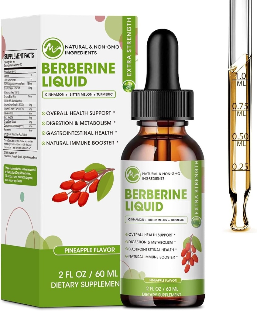 Berberine תוספת נוזל טיפות, Berberine עם Ceylon Cinnamon, Turmeric, Resveratrol, Bitter Melon, & More-Extra Power תוסף טבעוני, תומך במערכת החיסון & מערכת העיכול
