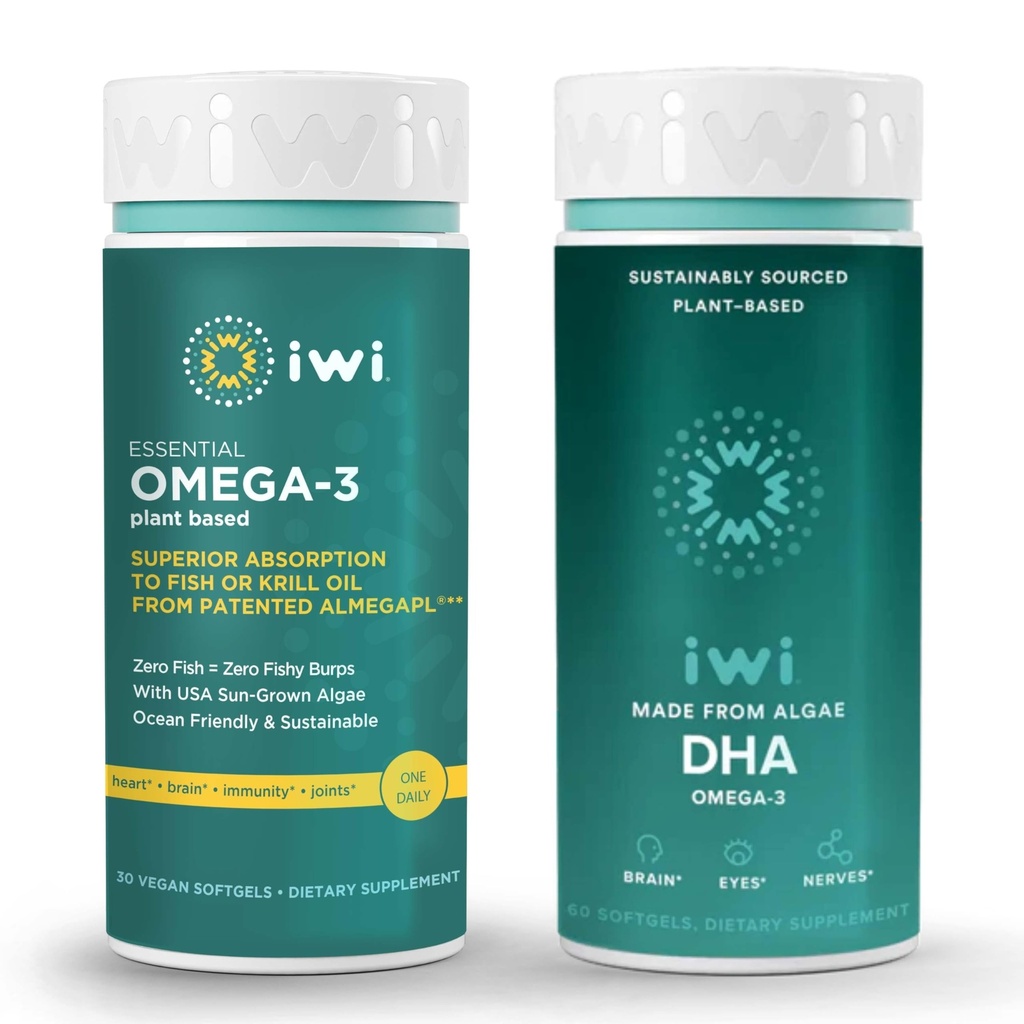 Iwi אומגה 3 Essential & DHA-3 Bundle, 30 משרתות, Algae אומגה 3, קריל & Fish שמן אלטרנטיבי, No Fishy Aftertaste