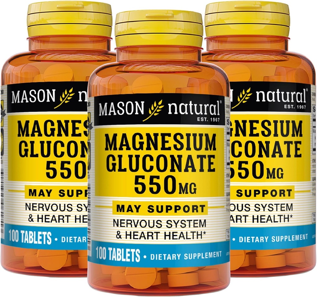 מייסון Natural Magnesium Gluconate 550 מ"ג, 300 יום אספקת תמיכה רגילה לבריאות הלב ומערכת העצבים, 100 טבליות (Pack of 3)