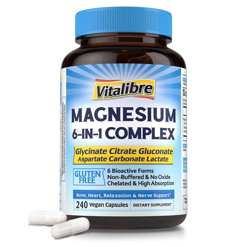 Magnesium Complex תוסף 6 ב 1, 1160mg Chelated Magnesium עבור Max Absorption, לעזור עם שינה טובה, הירגעות ו Nerve Calm, 240 קפסולות טבעוניות, Non GMO & Gluten חינם חינם חינם חינם