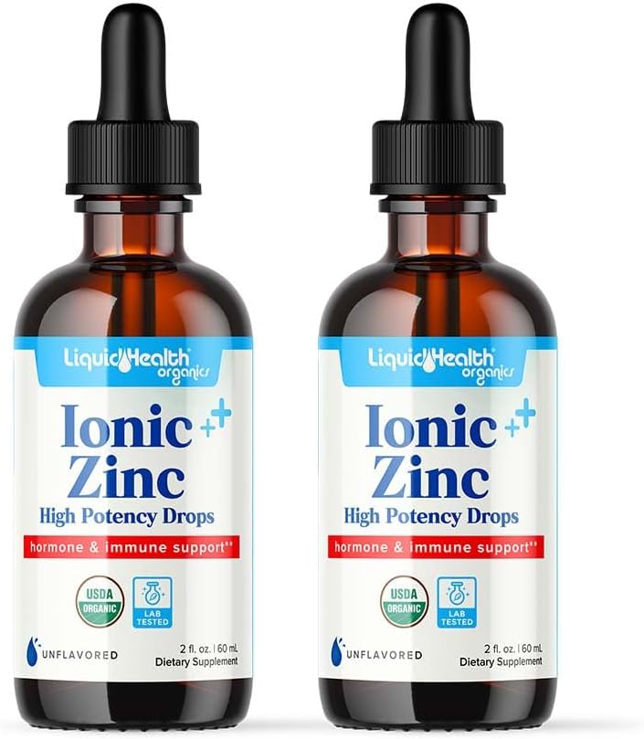 LIQUIDHEALTH USDA אורגני Ionic Zinc High Potency טיפות - תוספת ויטמין נוזלי טריצ'י מינרלים למבוגרים, ילדים - תמיכה Immune & Digestive, Skin & Wound Health - ארצות הברית Made, טבעוני, non-GMO (2 Pack)