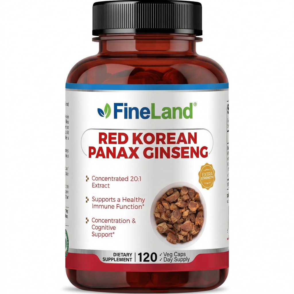 Fineland Red Panax גינזנג 13,000 מ"ג - מקס כוח 20:1 לחלץ - תוספת תמיכה קוגניטיבית Immune & קוגניטיבית עבור גברים ונשים - 120 קפסולות Veggie