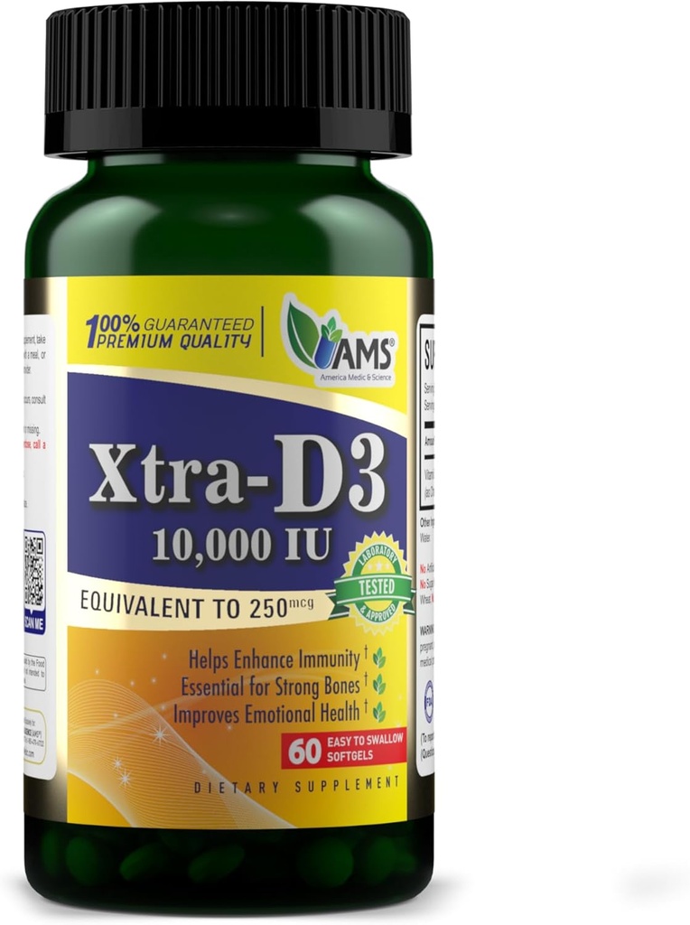 אמריקה Medic & Science Xtra D3 ויטמין D 10,000 IU (250 mcg) תוסף Cholecalciferol עבור גברים ונשים (60 Easy to Swallow Softgels) הטוב ביותר עבור Bone, Heart Health, Immune System Support, Lung Functional