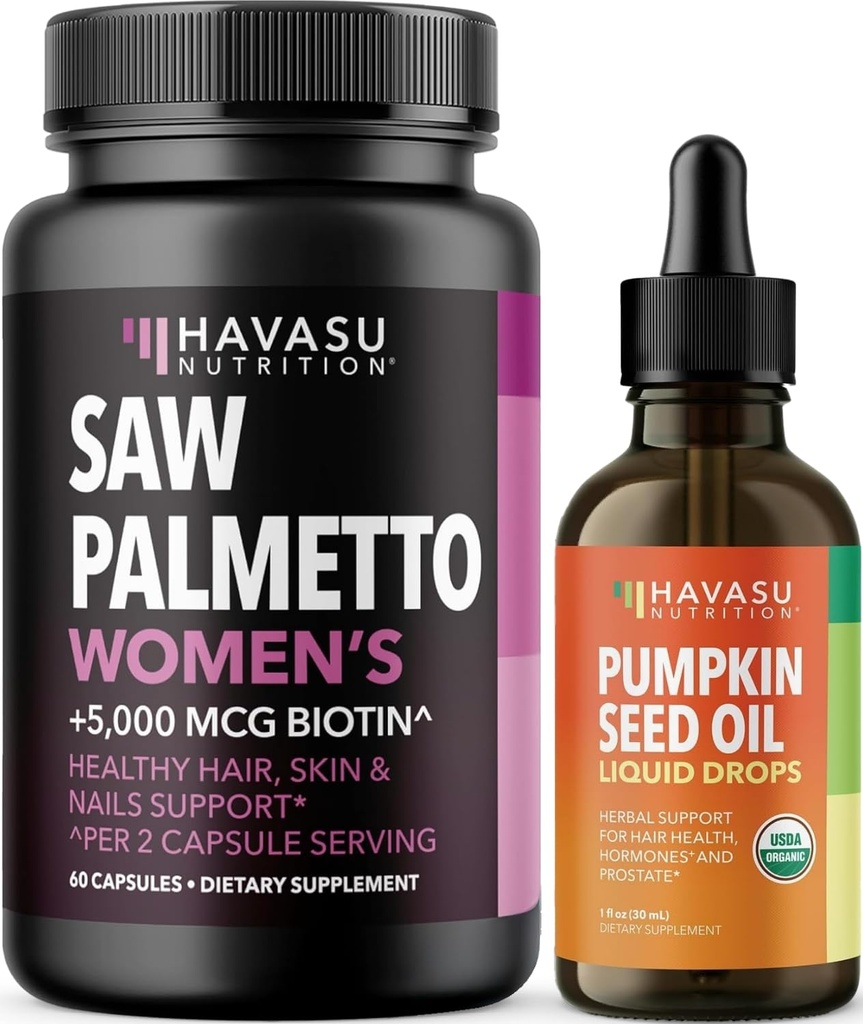 HAVASU NUTRITION USDA Organic Pumpkin Seed Oil טיפות (60 משרתים) & Saw Palmetto for Women Hair Complex (שרתים)