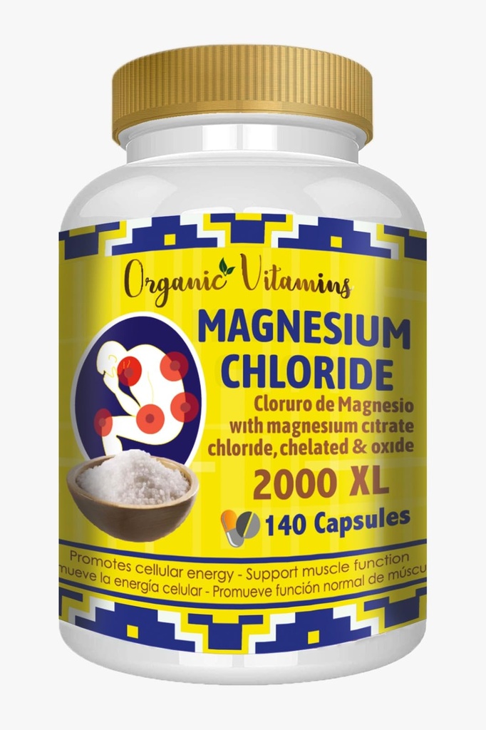 מגנזיום Chloride (Cloruro de Magesio) 140 קפסולות - תוספת גבוהה של מגנזיום עם Citrate, chelated ו Oxide High Potency Mg. Easy to Swallow, non-GMO