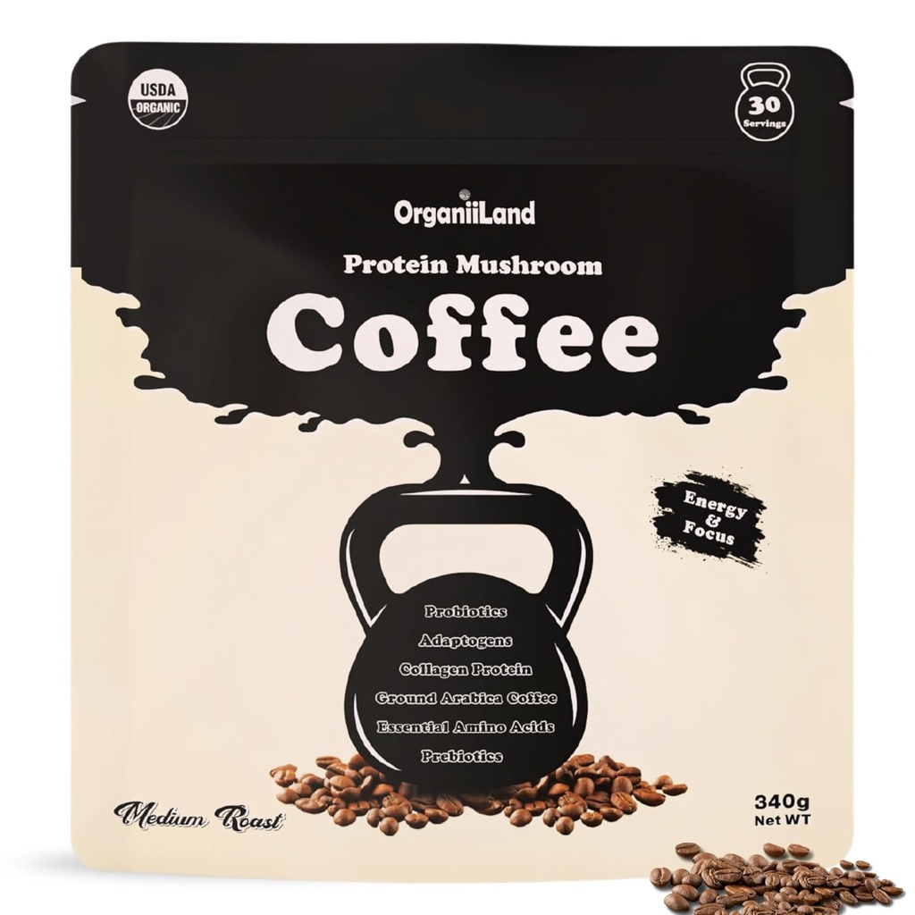 חלבון Mushroom קפה על ידי Organiiland | בית קפה עם Collagen, Lion's Mane, Chaga, טורקיה Tail, Reishi, Maitake, L-theanine | Focus, Energy, Immunity ו- Digestion | 30 משרתים