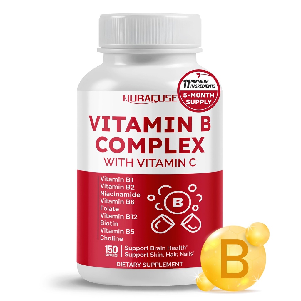 ויטמין B מורכב ויטמין B1, B2, 6,9,12 Niacin, עם ויטמין C - תמיכה בבריאות המוח, רמות אנרגיה, עור, שיער, וציפורים - Made and Tested בארצות הברית