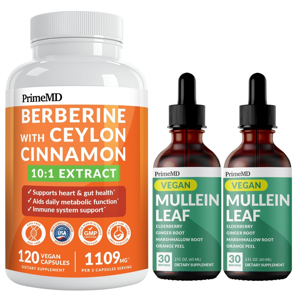 21-in-1 Berberine תוספת עם Ceylon Cinnamon Chromium, Bitter Melon and Green Tea Extract (120 ct) ו-5in-1 מולליין טיפות עבור Lungs ו Respiratory Lung Health & Bronchial Support (60 משרתים)
