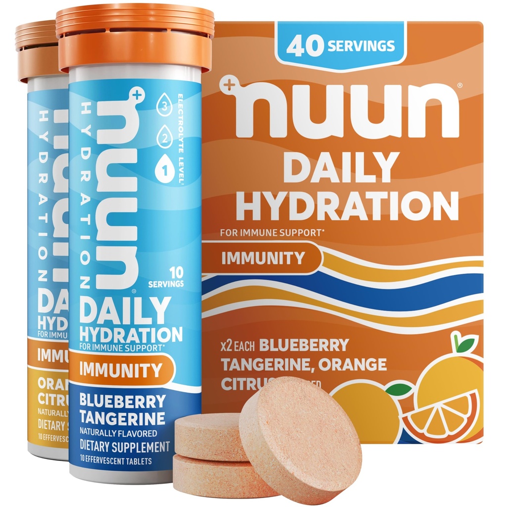Nuun Immunity Electrolyte Tablet עם ויטמין D, C, E, & A, ג'ינג'ר, Elderberry, Magnesium & 4 אחרים אלקטרוליטים חיוניים, טבעוני, Blueberry Tangerine & Orange Citrus, 4 Pack (40 משרתים Total)