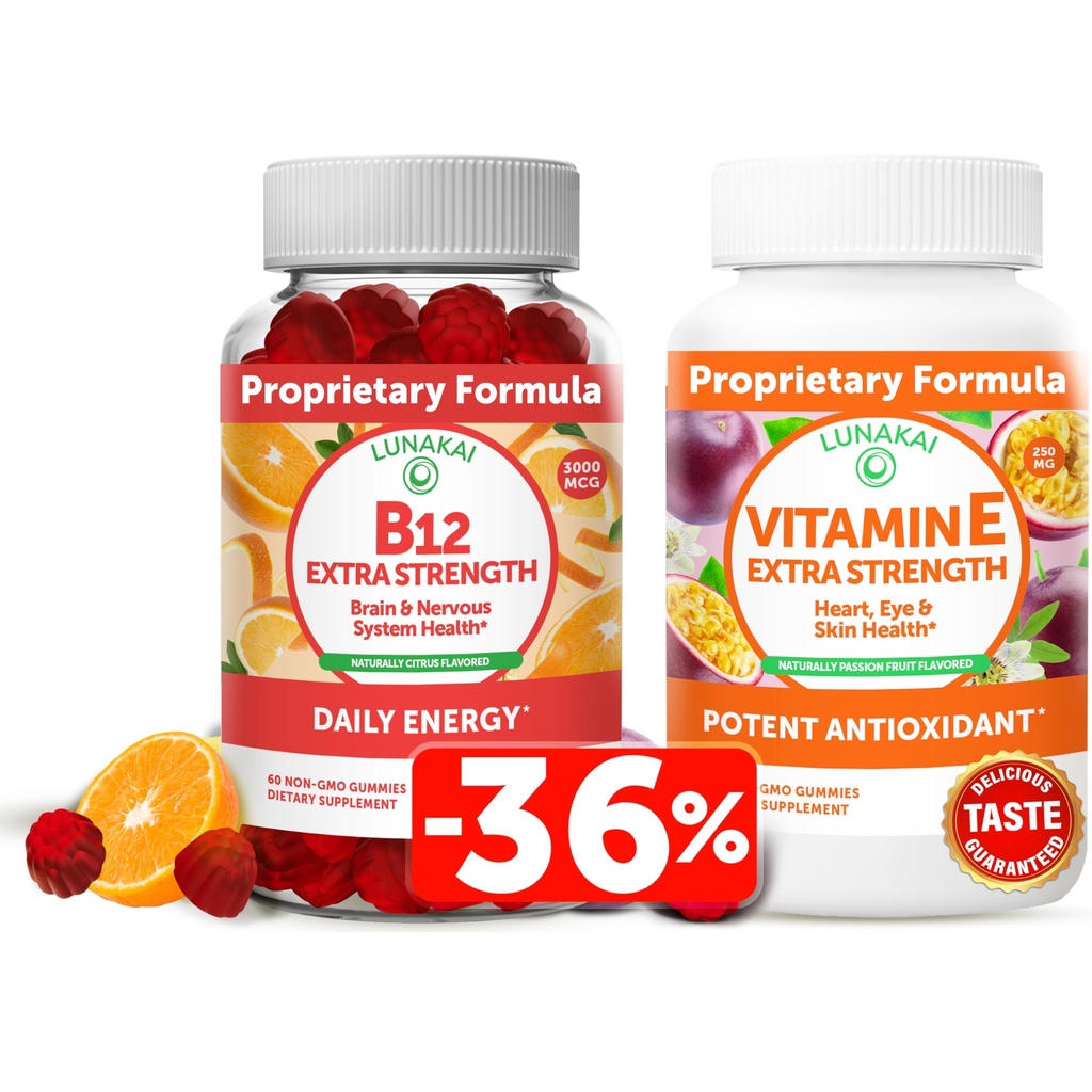 לונוקאי ויטמין B12 ווויטמין E Gummies Bundle - 3000 mcgmies עבור מבוגרים אנרגיה תמיכה בריאות העצם - 250 מ"ג 1000 iu טבעי VIT E פלוס C