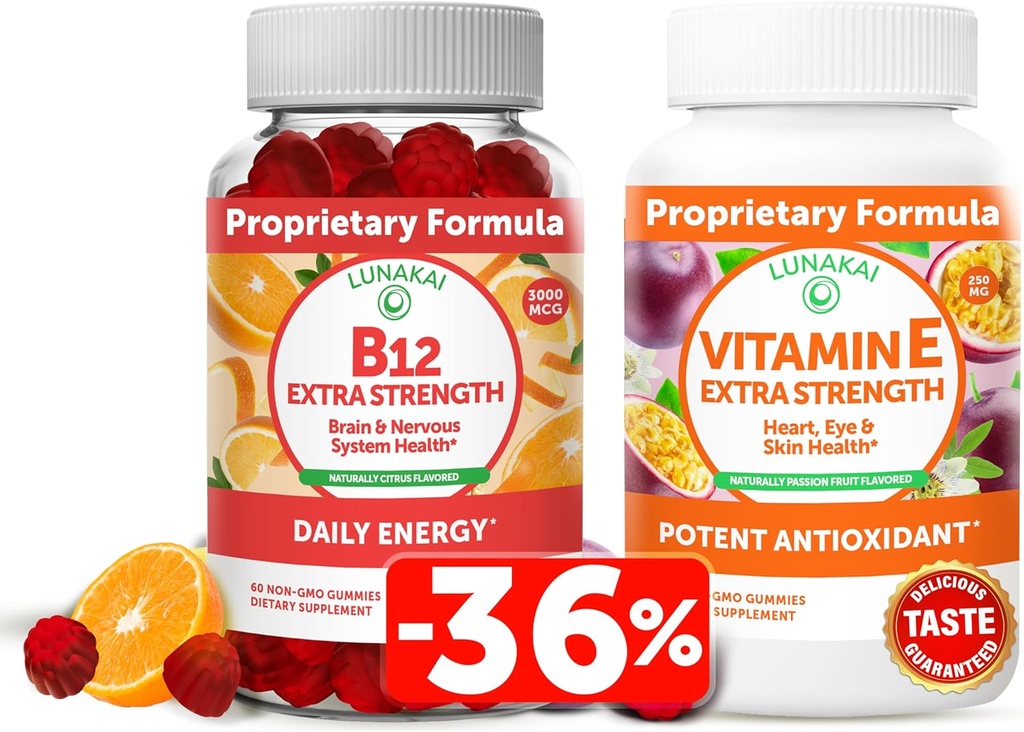 לונוקאי ויטמין B12 ווויטמין E Gummies Bundle - 3000 mcgmies עבור מבוגרים אנרגיה תמיכה בריאות העצם - 250 מ"ג 1000 iu טבעי VIT E פלוס C