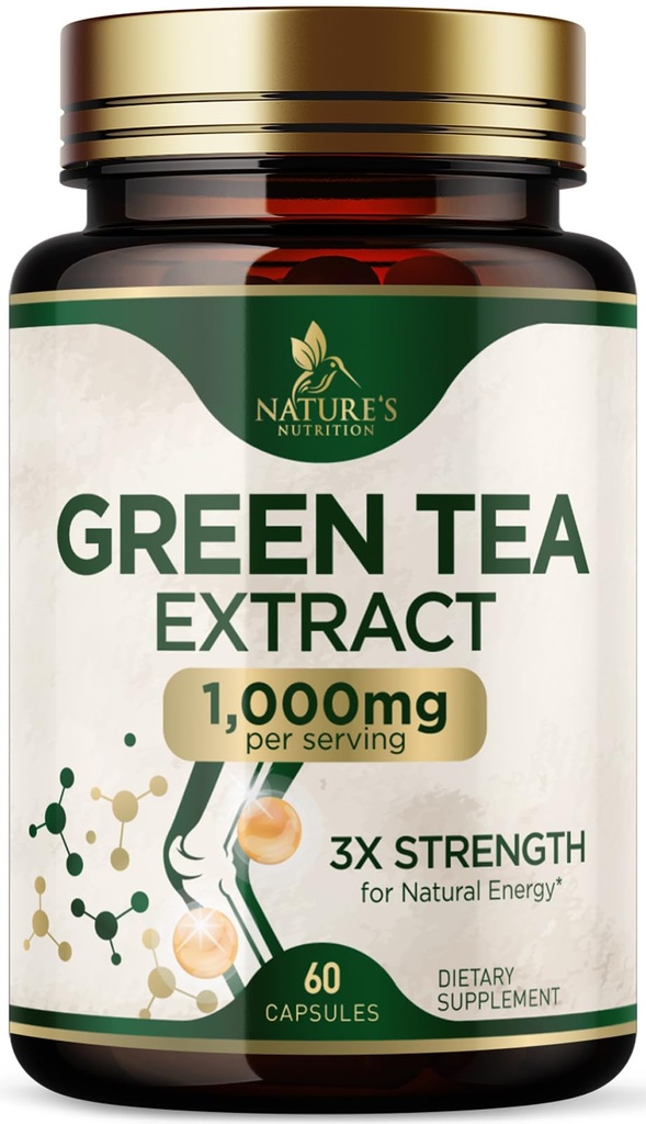 כריות תה ירוקות 1000 מ"ג - סטנדרטיזציה 45% EGCG & 98% Polyphenols - 3X חיזוק גלולות תה ירוק עבור אנרגיה טבעית - תמיכה בריאות הלב, תוסף צמחי, טבעוני, non-GMO - 60 קפסולות
