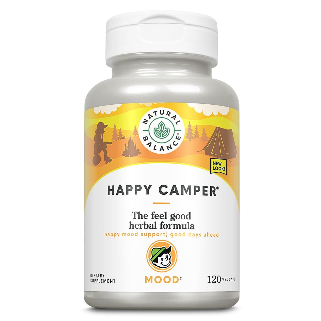 Natural Balance Happy Camper - Feel-Good Mood Support Supplement - Gotu Kola, פרח התשוקה, Kava Kava קפסולות - 60 יום ערבות (120 Count)