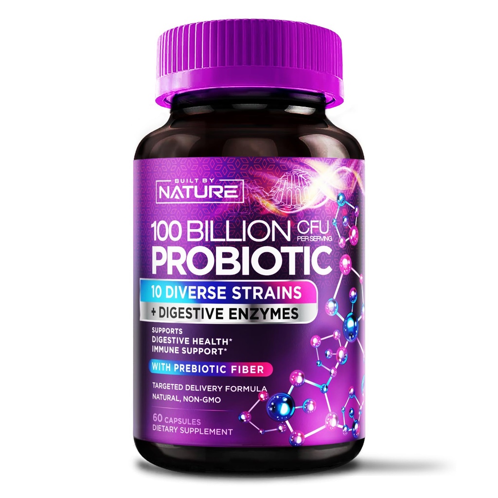 100 מיליארד CFU Probiotic - Daily Digestive Gut Health Supplement for Men & Women - Lactobacillus acidophilus, Bifido חיידק & Prebiotics - Non-GMO, Gluten & Milk, Shelf-Stable - 60 קפסולות