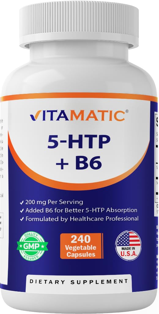 Vitamatic 5-HTP 200 מ"ג עם B6 5 מ"ג פרי - 240 קפסולות צמחוניות (5-Hydroxytryptophan) - (Griffonia Simplicifolia Seed Extract)