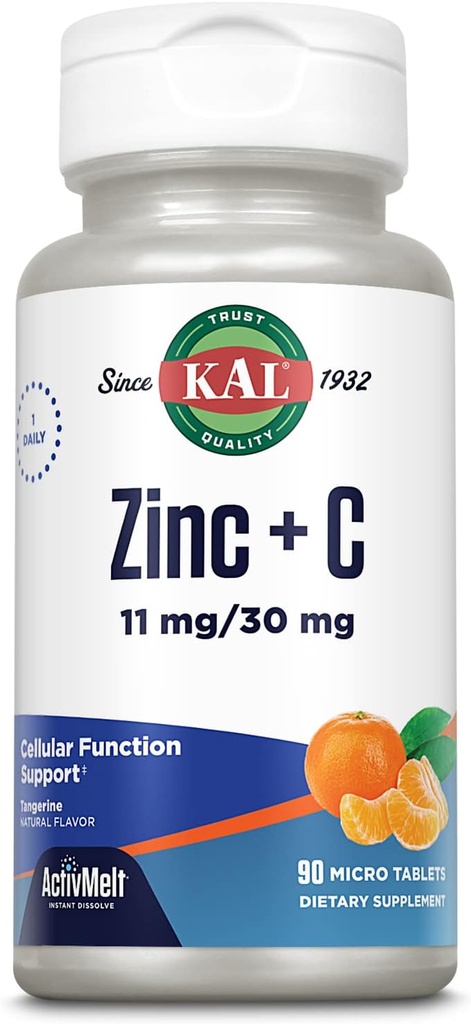 KAL Zinc Plus C, Instant Dissolve ויטמין C ו- Zinc, Function and Immune Support, Optimal Absorption, Natural Tangerine Flavor, 60-Day Money-Back Promise, 90 משרתים, 90 מיקרו טבליות