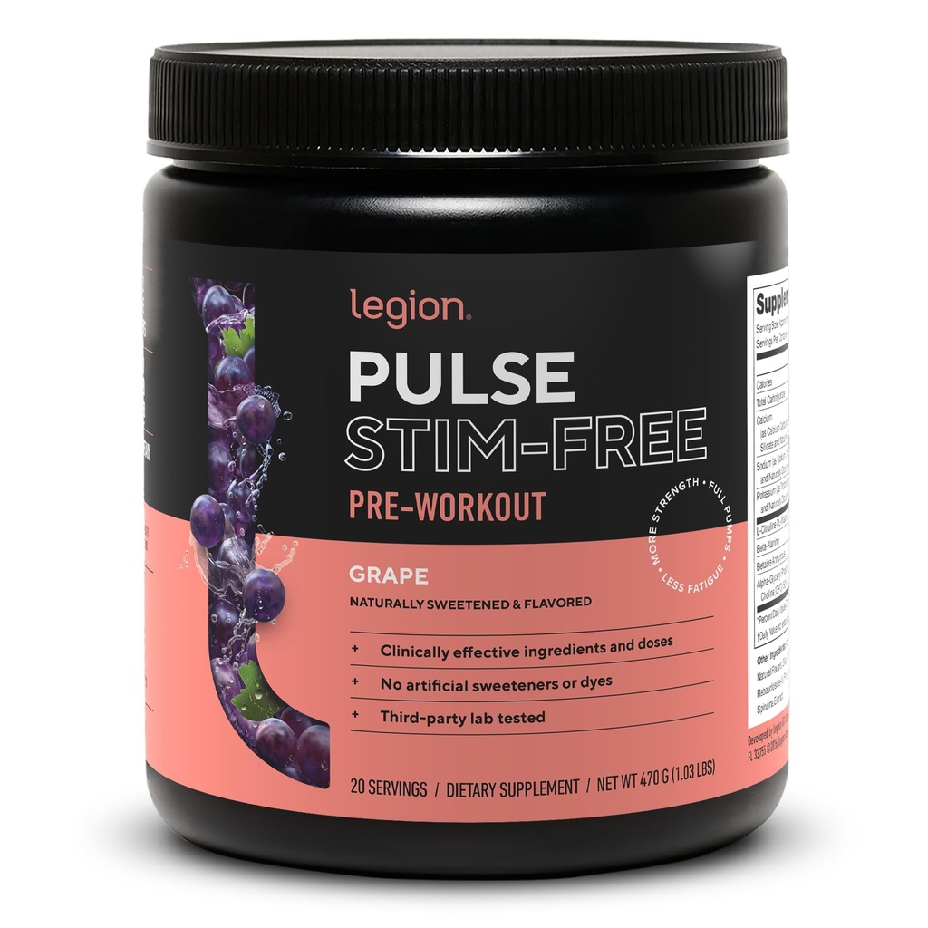 LEGION Pulse Pre Workout תוסף - All Natural Nitric Oxide Preworkout Drink to Boost Energy, Creatine Free, Sweetened, Alan Betaine, Citrulline, Alpha GPC (Caffeine Free Grape)