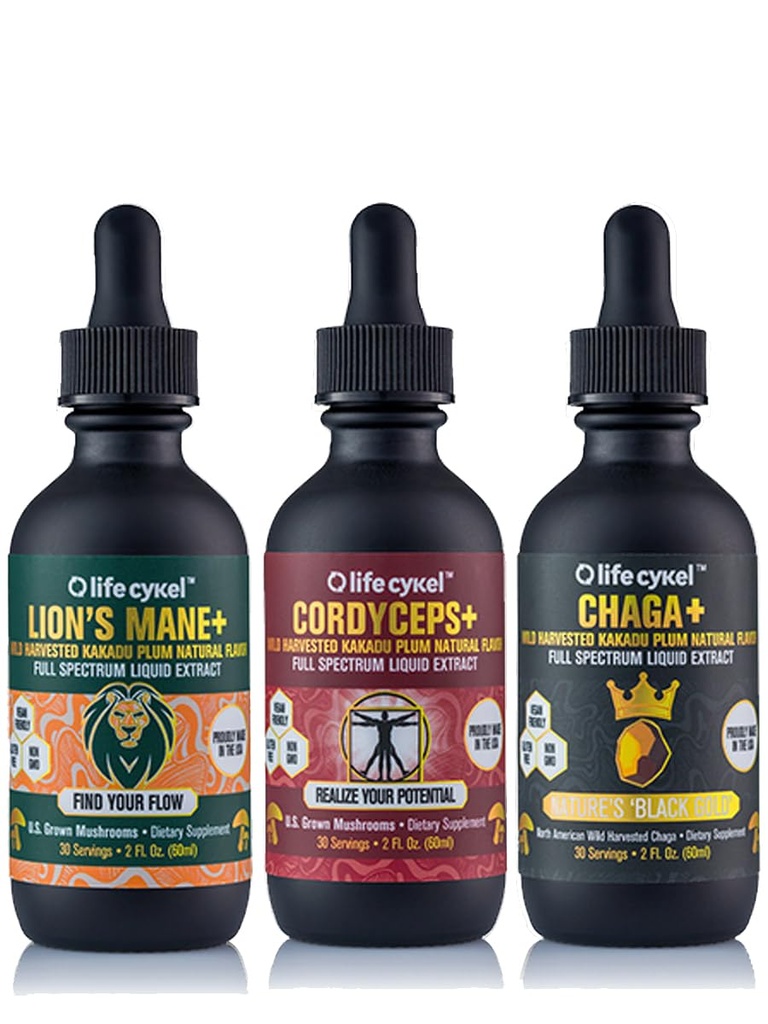 החיים Cykel This Is It Pack - Chaga, Lion's Mane & Cordyceps Mushroom - Full-Spectrum Mushroom Tincture for Energy, Mental Clarity & Immune Support - טבעוני, non-GMO- 2Fl/Oz Per Bottle