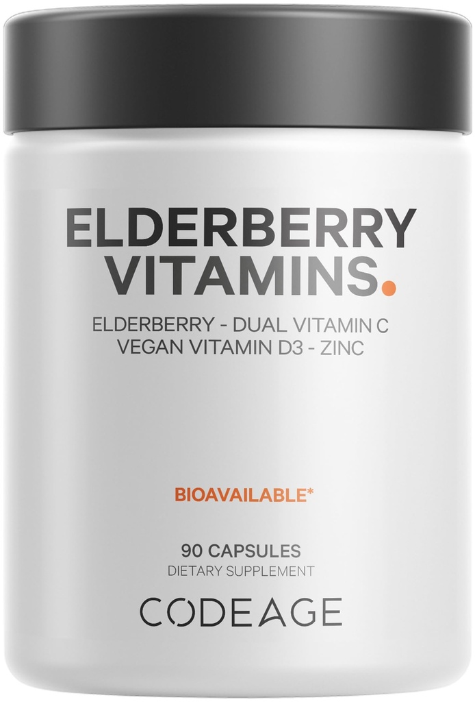 Codeage Elderberry Vitamins - Organic Fermented Elderberry Blend, Vitamin C from Ascorbic Acid & Organic Acerola Cherries, Vitamin D3, Zinc, Sambucus Berries - 90 Capsules