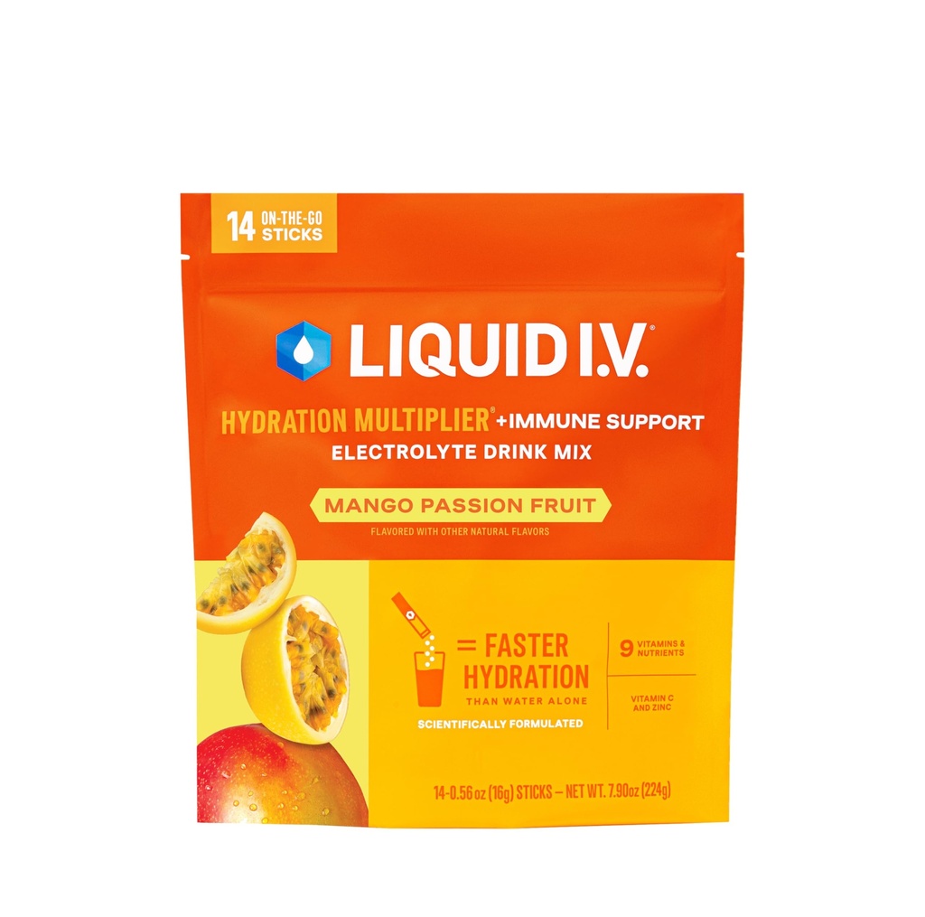 נוזל I.V. hydrotion Multiplier + Immune Support - מנגו Passionפרי | משקה אבקת אלקטרוליט לערבב | 1 Pack (14 משרתים)