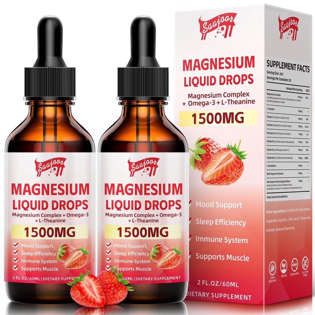 2 Pack Magnesium Glycinate נוזל טיפות, 1500 מ"ג מגנזיום נוזל תוספת עם ויטמין B6, D3, L - Theanine, אומגה3, Support Night, השרירים, העצם, Mood, Strawberry Flavor - 4 Fl Oz (120 מ"ל) בקבוק