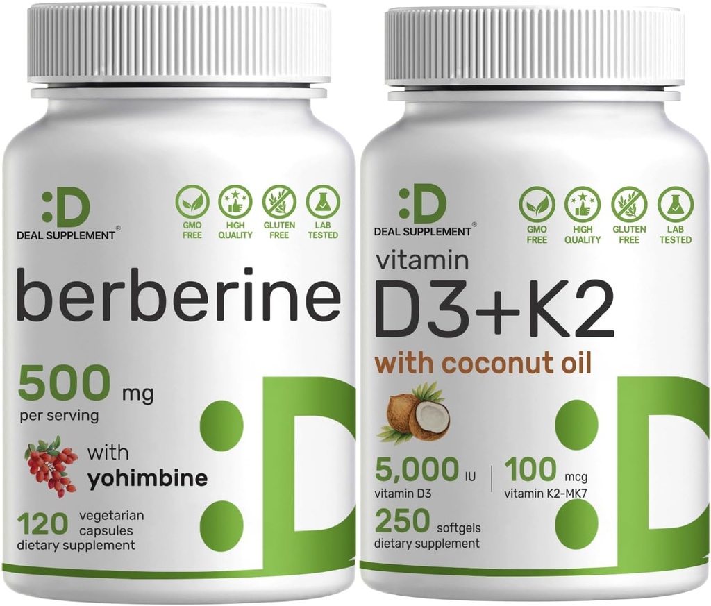 ויטמין D3 5000iu + K2 100mcg Softgels & Berberine תוספת עם Yohimbine Bundle - ויטמין שמש חיוני - High Absorption hydrochloride HCl טפסים