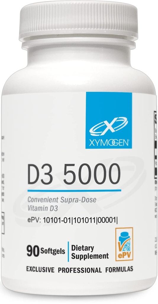 XYMOGen D3 5000 - ויטמין D3 5000 IU (125 mcg) - ויטמין D גבוה לצריכת בריאות החיסון, העצם + בריאות הלב (90 Gelatin Softgels)