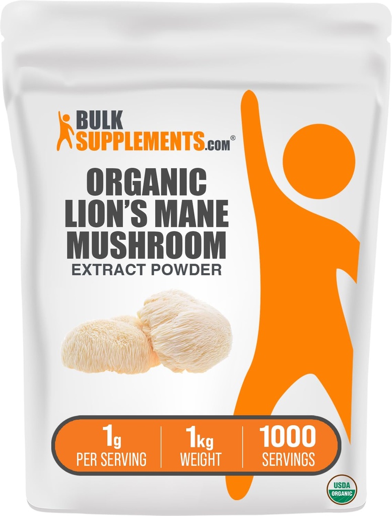 BulkSupplements.com Organic Lion's Mane Mushroom אבקת - Lions Mane תוספת אבקה, Lion's Mane Extract - תוסף Mushroom, 1000 מ"ג למשרת, 5kg (11lbs) (Pack of 5)