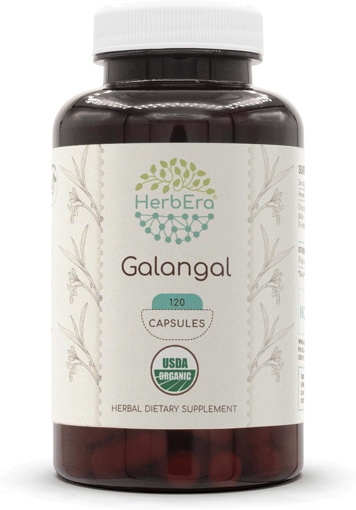 HerbEra Galangal 120 קפסולות, 500 מ"ג, USDA אורגני Galangal (Alpinia Galangal) Dried Root (120 קפסולות)
