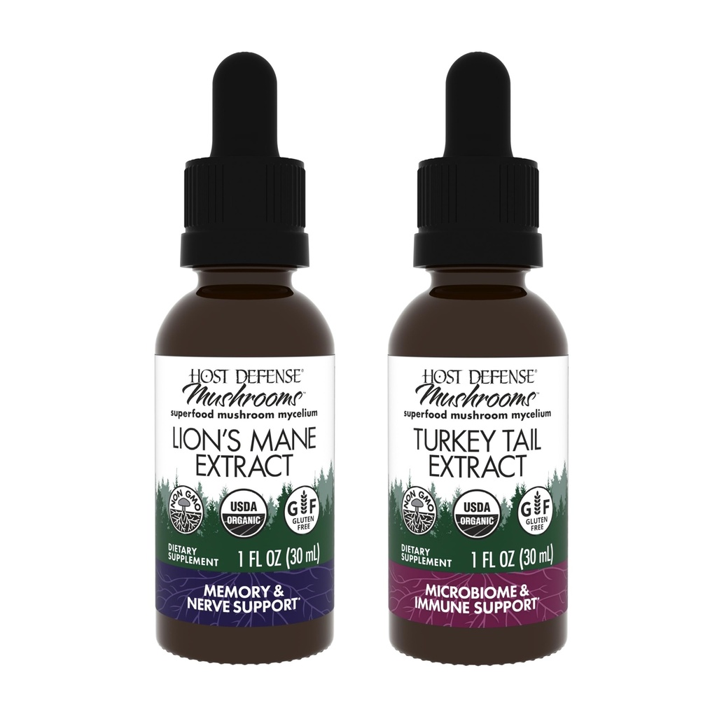 Host Defense Bundle with Lion's Mane Extract, 1 floz & Turkey Tail Extract, 1 floz - תמיכה בבריאות המוח, זיכרון והתמקדות - תמיכה בבריאות העיכול & Immune Response