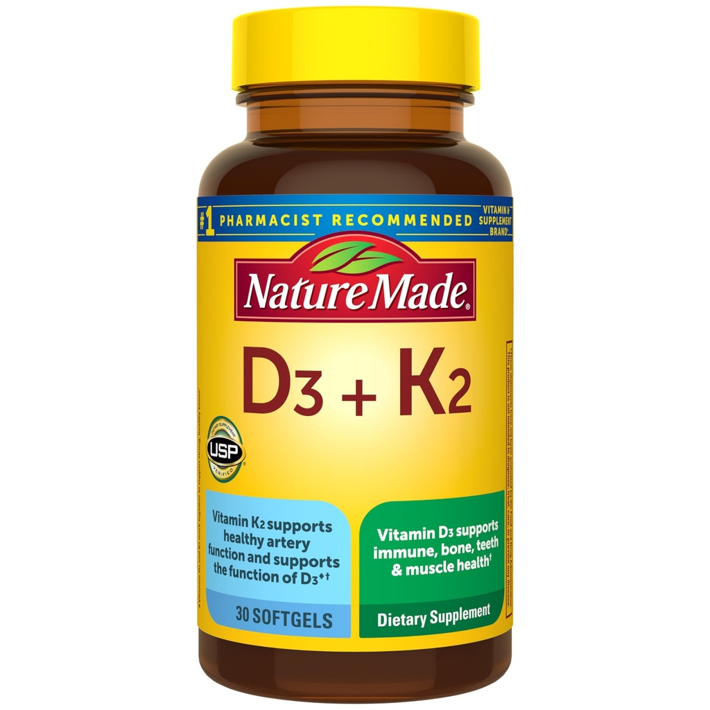 הטבע עשה ויטמין D3 K2 תוסף, 5000 IU (125 mcg) ויטמין D עבור העצם, שיניים, שרירים ו- Immune תמיכה, 30 D3 ו- K2 Softgels, 30 יום אספקה