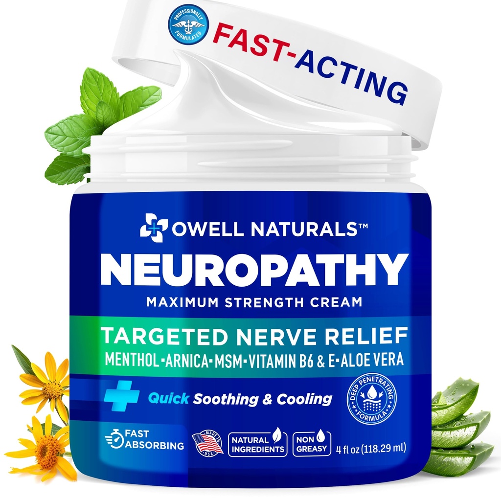 Owell NATURALS Neuropathy Cream תוספת כוח נחץ קרם הקלה ברגל, ידיים, Legs, Toes עם Arnica, ויטמין B6, Aloe Vera, MSM - Made in USA