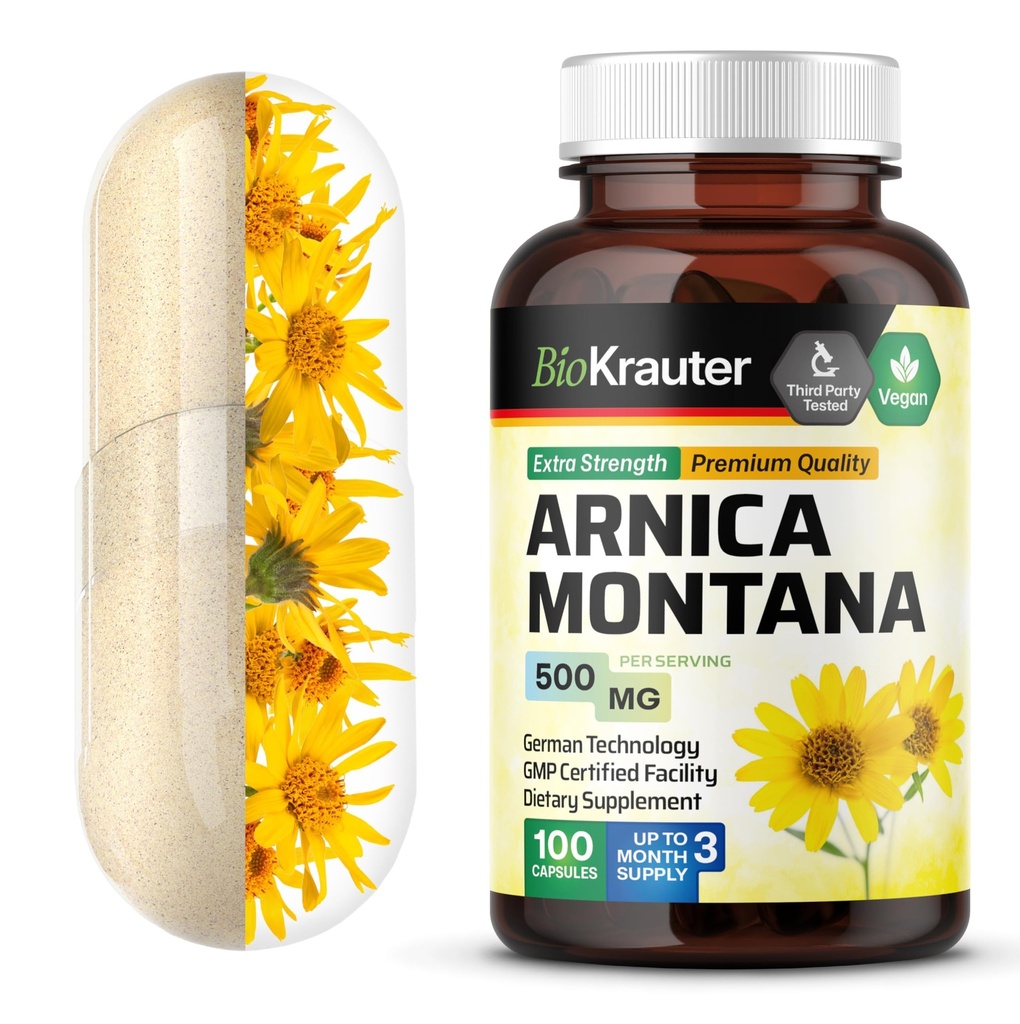 BIO KRAUTER Arnica מונטנה קפסולות - 500 מ"ג Arnica כמוסות עבור Bruising ו Swelling - טבעוני - 100 Count Count