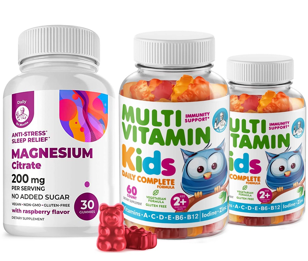 ילדים Multivitamin Gummies 14 ויטמינים חיוניים ומגנזיום מסטיקמי סוכר חינם - ויטמין A,C,D,E Vegetarian B6 & B12, Zinc,Biotin עם סוכר חינם Magnesium Calm Chews לילדים & Ads