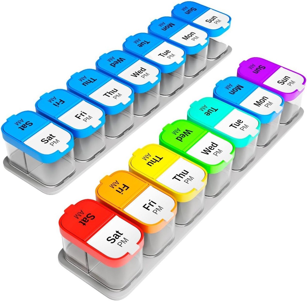 עוד גדול גלולת גלולות שבועיות להגדיר - 2 XL ויטמין Holders עם 7 Detachable AM PM השוואתיות - Reliable Medicine Dispenser for Home and Travel, Portable Container, Rainbow & Blue / White / White