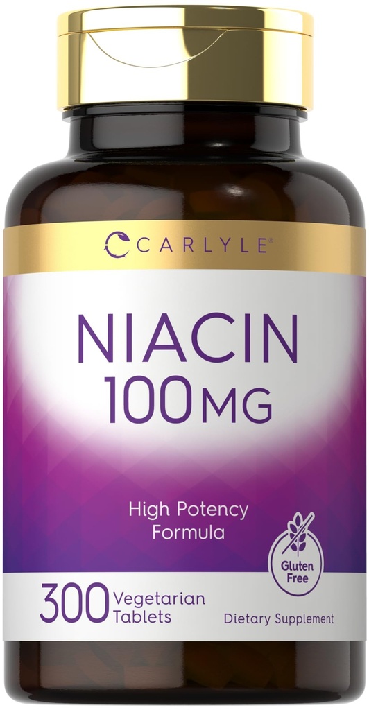 Carlyle Niacin 100 מ"ג | 300 טבליות צמחוניות | Non-GMO,ten Glu | High Potency Formula