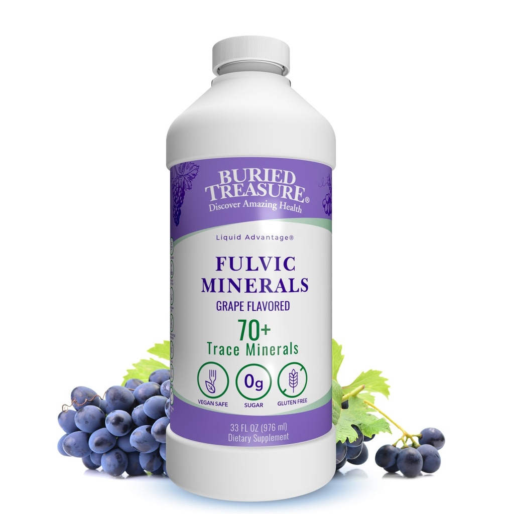 אוצר קבור Fulvic מינרלים Grape Flavored - מינרלים קולואידים מ Acid Humic Fulvic, אלקטרוליטים מ- Trace מינרלים עבור התאוששות ותמיכה בריאות. תוספת למים - 32 משרתים