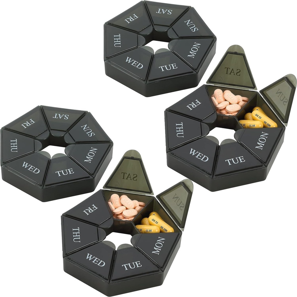 מארגנת גלולות שבועיות - (Pack of 4) 7-Day Piller - Arthritis Friendly Portable & Compact Travel Case Daily Compartment Medicine Pills Box for Supplements, תרופות, ויטמינים ושמן דגים