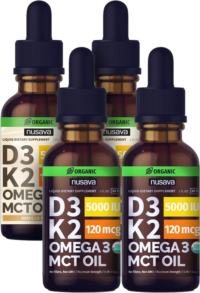 NUSAVA Unflavored D3 K2 נוזל טיפות ו Vanilla Flavored D3 K2 נוזל טיפות Bundle - ויטמין נוזלי פוטרנט עבור הלב, משותף, העצם, השרירים, תמיכה Immune - non-GMO, Gluten-Free, 2pk כל אחד