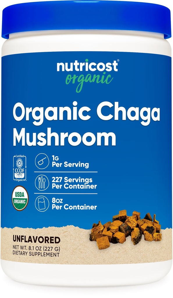 חומצה 100% אורגני Chaga Mushroom אבקת 8oz (227 משרתים) - מוסמך USDA אורגני, Gluten Free & non-GMO