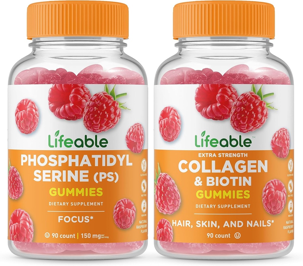 Lifeable Phosphatidylserine (PS) + Collagen & Biotin, Gummies Bundle - Great Tasting, ויטמין, Gluten Free, GMO חינם, Chewable Gummymymymy