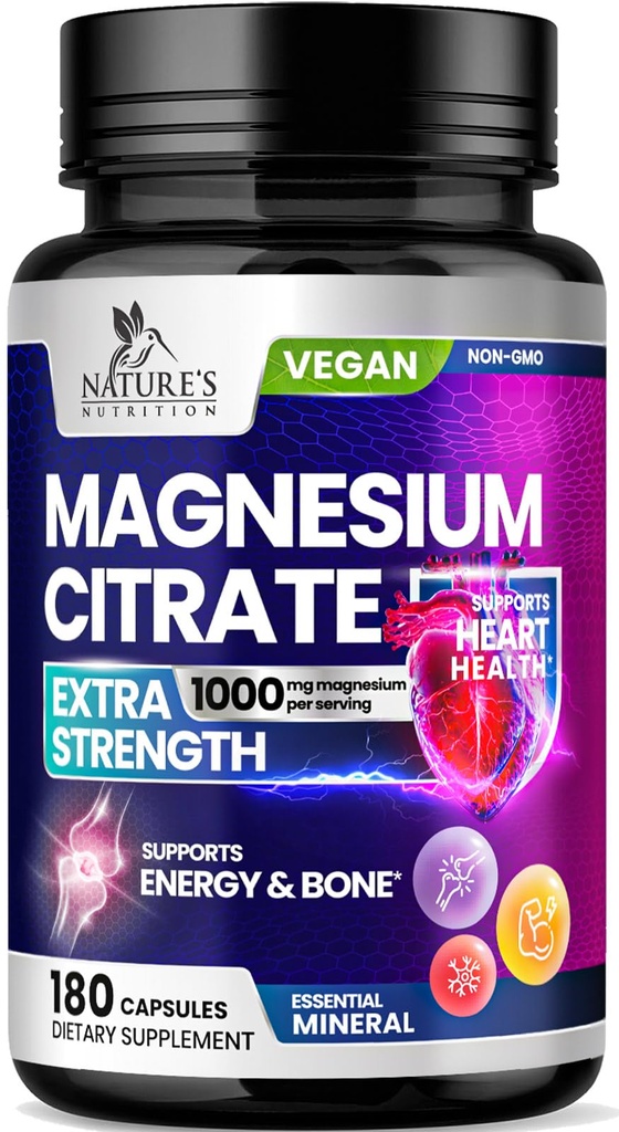 Magnesium Citrate תוספת גלולות 1000 מ"ג - 3X Power Magnesium תוספי עבור העצם, שריר, לב, תמיכה בשינה של הטבע עבור גברים ונשים, מג מינרלים טבעוני, non-GMO, בבקבוק בארה"ב, 180 קפסולות