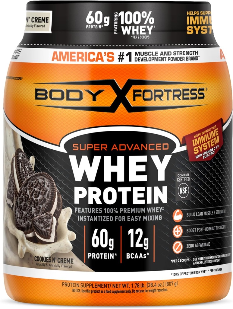 גוף מבצר Super מתקדם אבקת חלבון Whey, עוגיות N' Creme, 60g חלבון ו 12g BCAAs Per 2 Scoops, שריר רווח & התאוששות, Immune תמיכה עם ויטמינים C & D, 1.78lbs (Packaging May Vary)