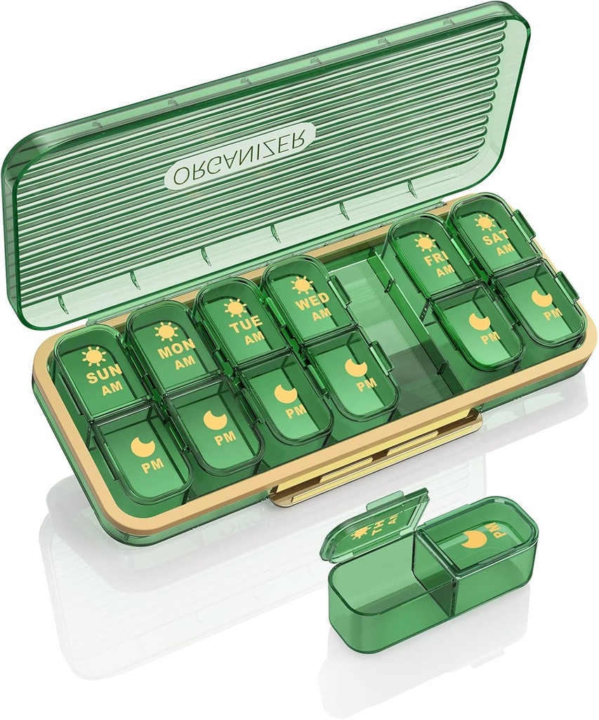 גלולת גלולות 2 פעמים ביום, 7 יום Am Pm Pill Box - Acedada Weekly Pill מארגנת עם Container בנפרד, Portable Daily Medicine Planner Dispenser Case for ויטמין, שמן דגים, תוספי מזון ירוק