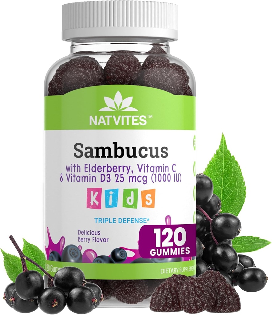Black Sambucus Elderberry Gummies לילדים - Immune Support Supplement with ויטמין C ו- ויטמין D3 עבור Immunity Boost - Vegetarian, non-GMO, Gluten Free, Nut and Milk - 120 מסטיקים (Pack of 1)