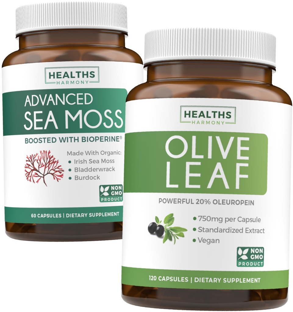 Sea Mossss & Olive Leaf Extraction (1-Month Supply)אוליב Mosss - אורגני אירי הים Moss - Raw Vegan Supplement (60 Caps) ו-אוליב מסך Super Power: 20% Ol Europein - Vegetarian (120 Caps)