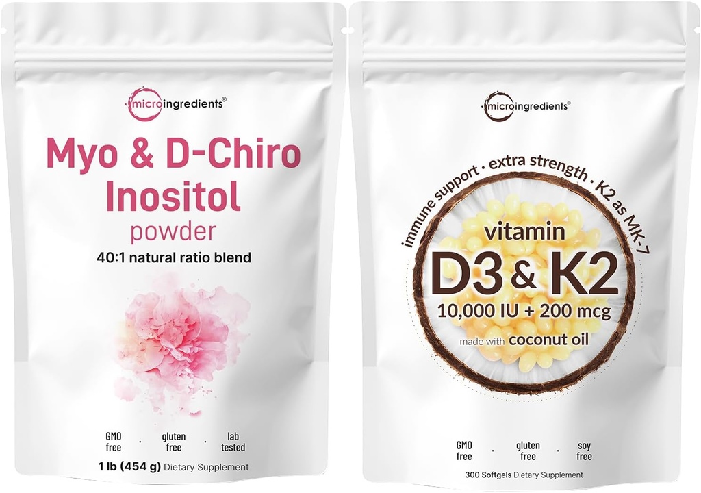 Micro Ingredients ויטמין D3 10,000iu + K2 200mcg קוקוס שמן Softgels & Myo & D-Chiro Inositol אבקת Bundle 2 Pack | ויטמינים חיוניים | Inositol תוסף לנשים